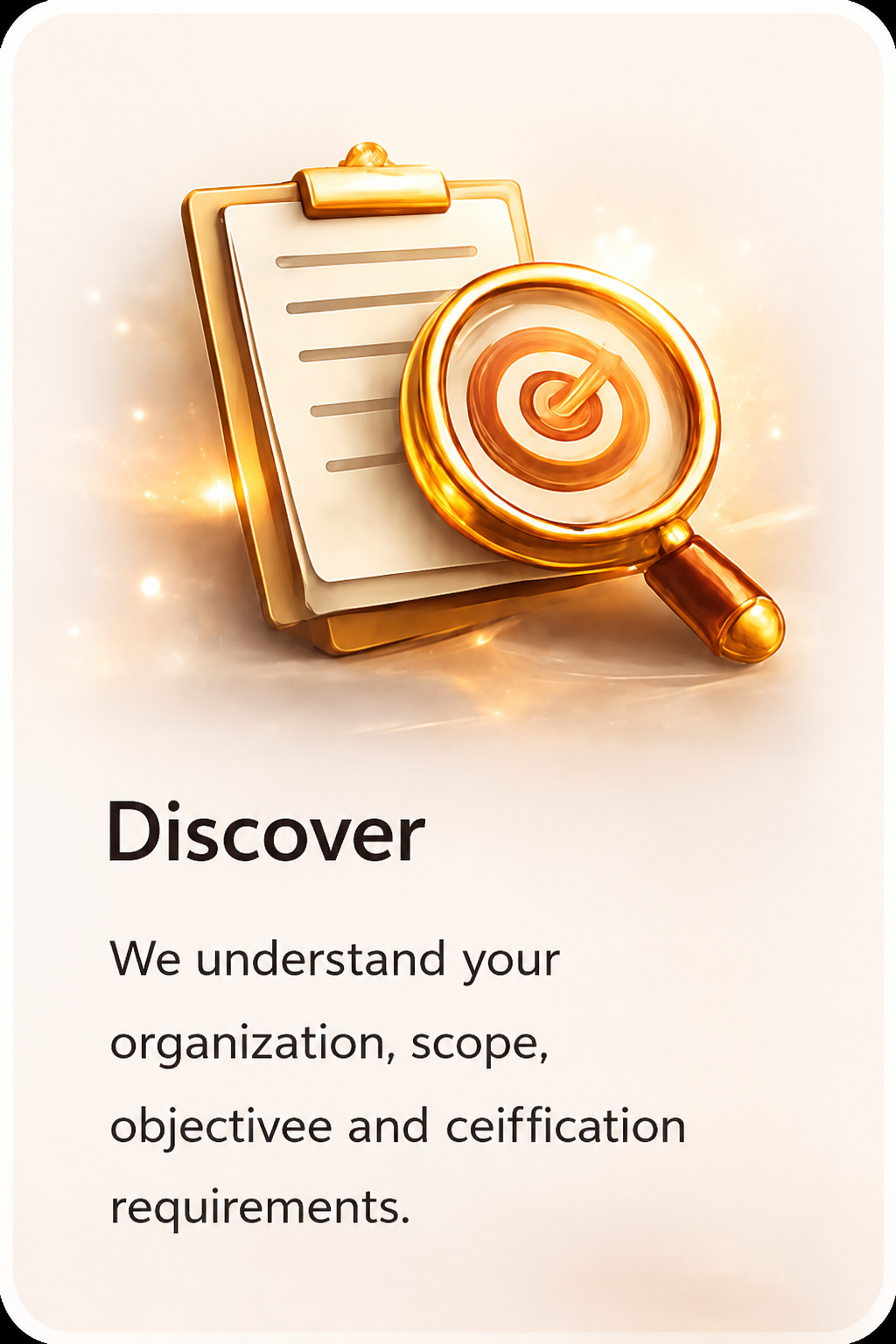 Discover — understand organization, scope, objectives, and certification requirements