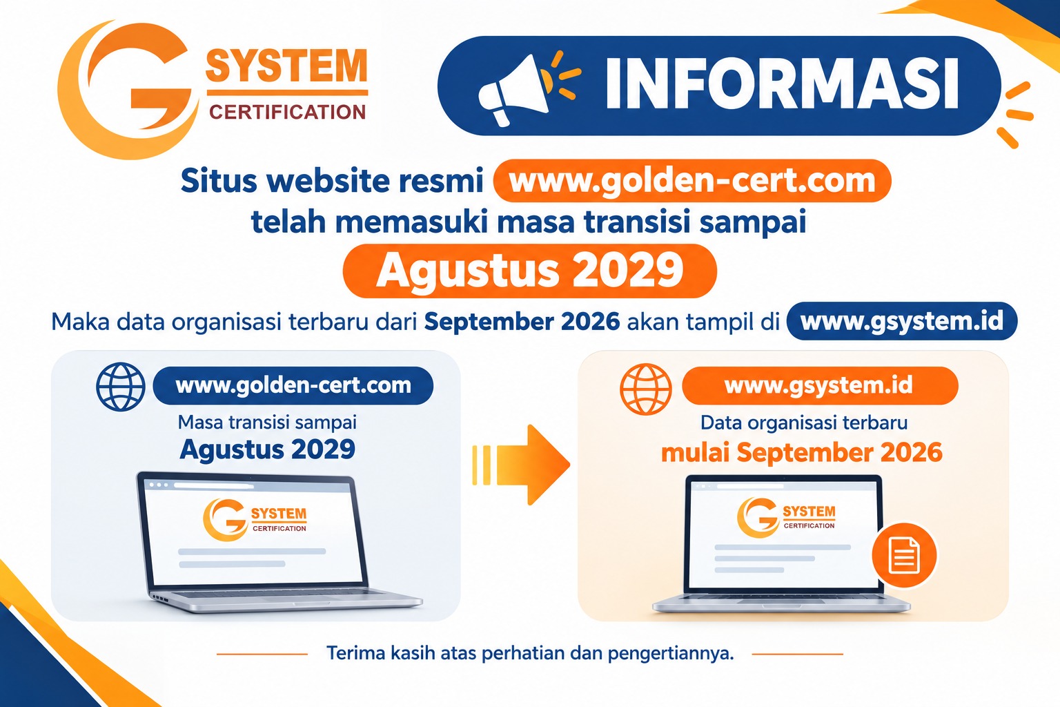 Informasi transisi website resmi G-System Certification dari golden-cert.com ke gsystem.id